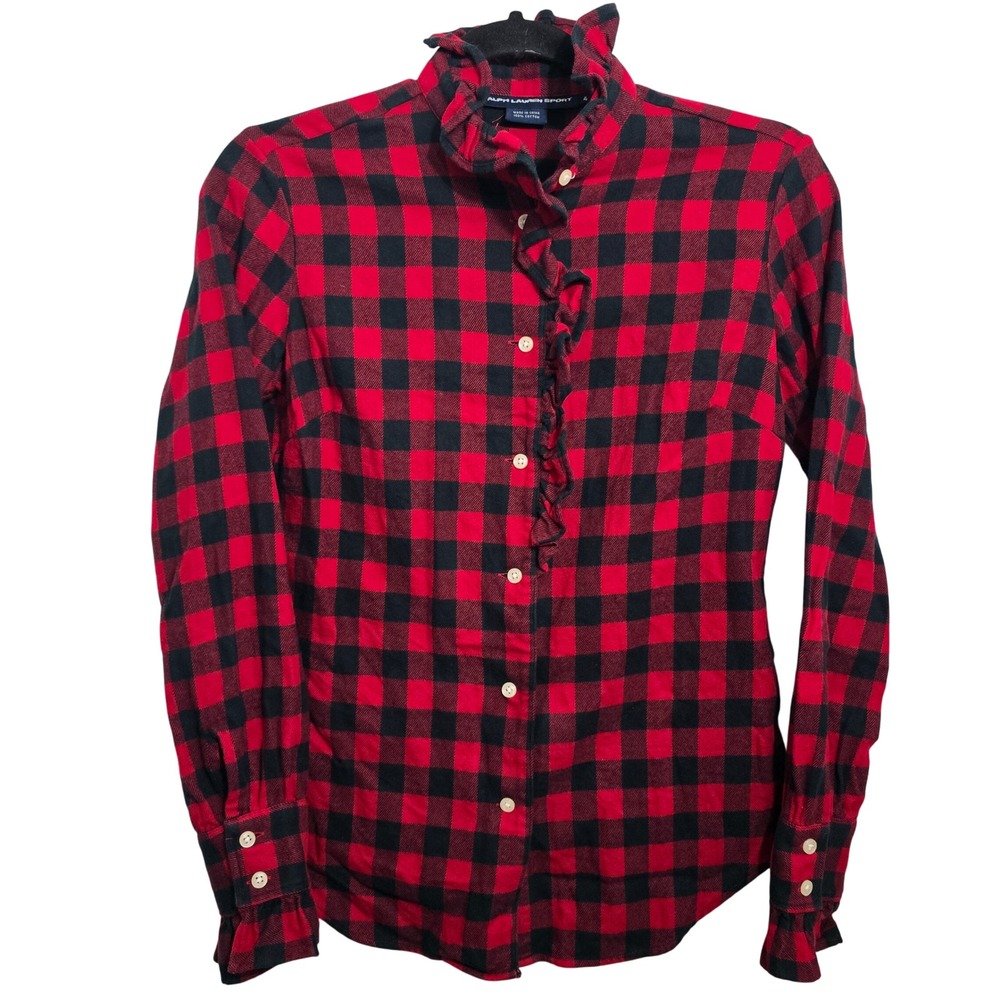 Ralph Lauren Sport Red Black Buffalo Plaid Ruffle Trim Flannel‎ Shirt Womens 4